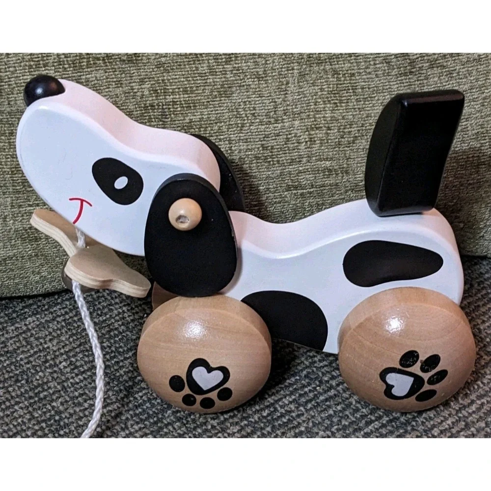 Wood Dog Pull Toy Childrens Classic World Wooden Puppy Hound Black White